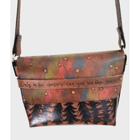 Handpainted Leather Cross Body Handbag Northern Lights Trees Stars MLK Quote